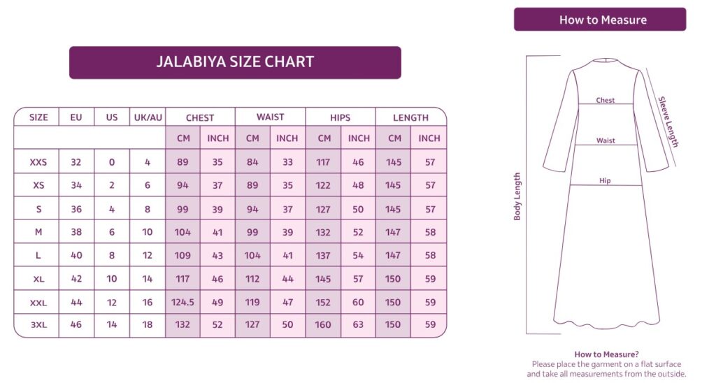 Jalabiya Sizes Chart
